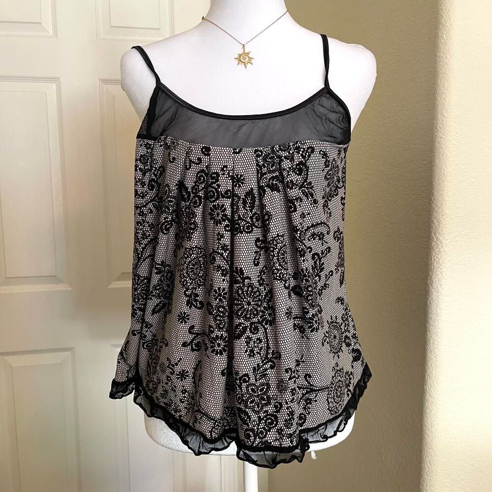 Donatella Black floral cami top/lingerie top with ruffles - size large